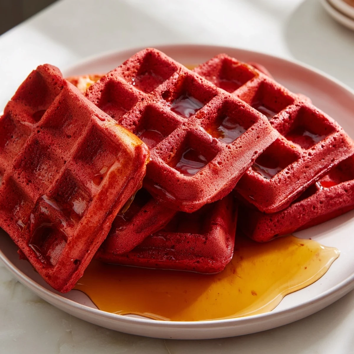 Golden-brown, fluffy red velvet waffles with a hint of cocoa, drizzled generously with warm maple syrup for a sweet breakfast.