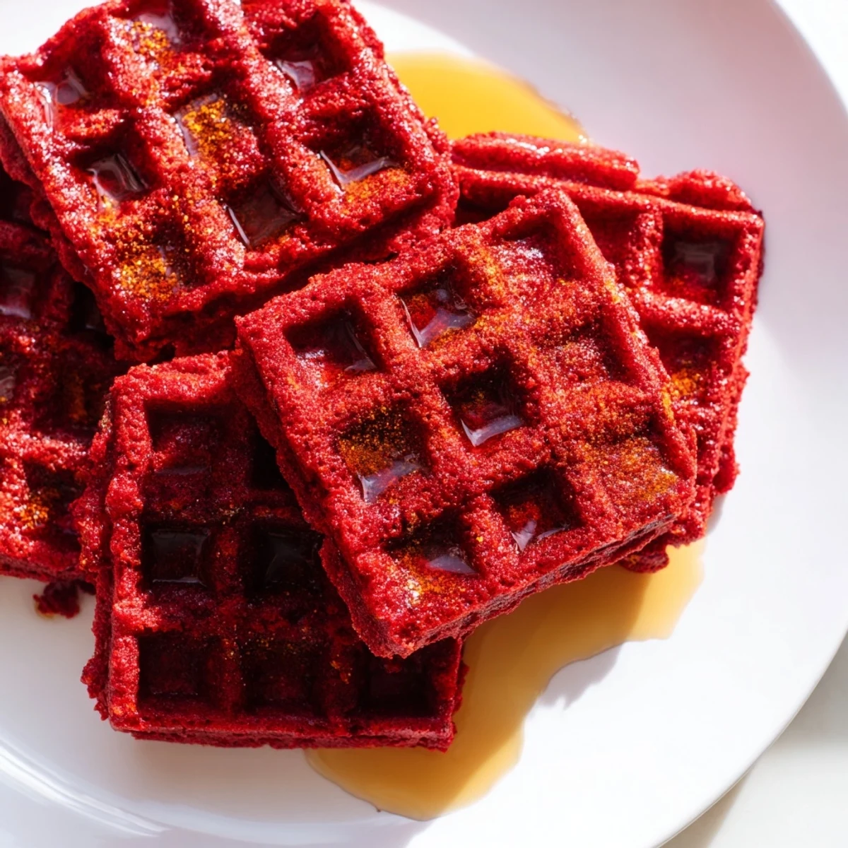 Freshly cooked red velvet waffles topped with a cloud of whipped cream and vibrant fresh berries on a rustic plate.