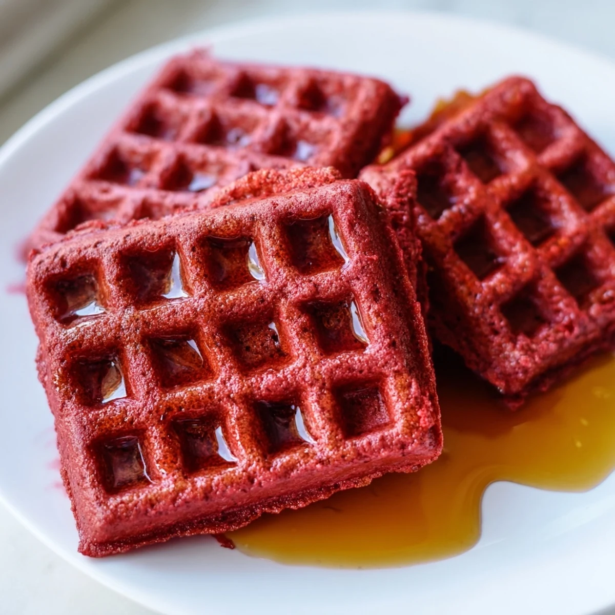 A stack of warm red velvet waffles, sticky with pure maple syrup, ready to be enjoyed on a special morning.