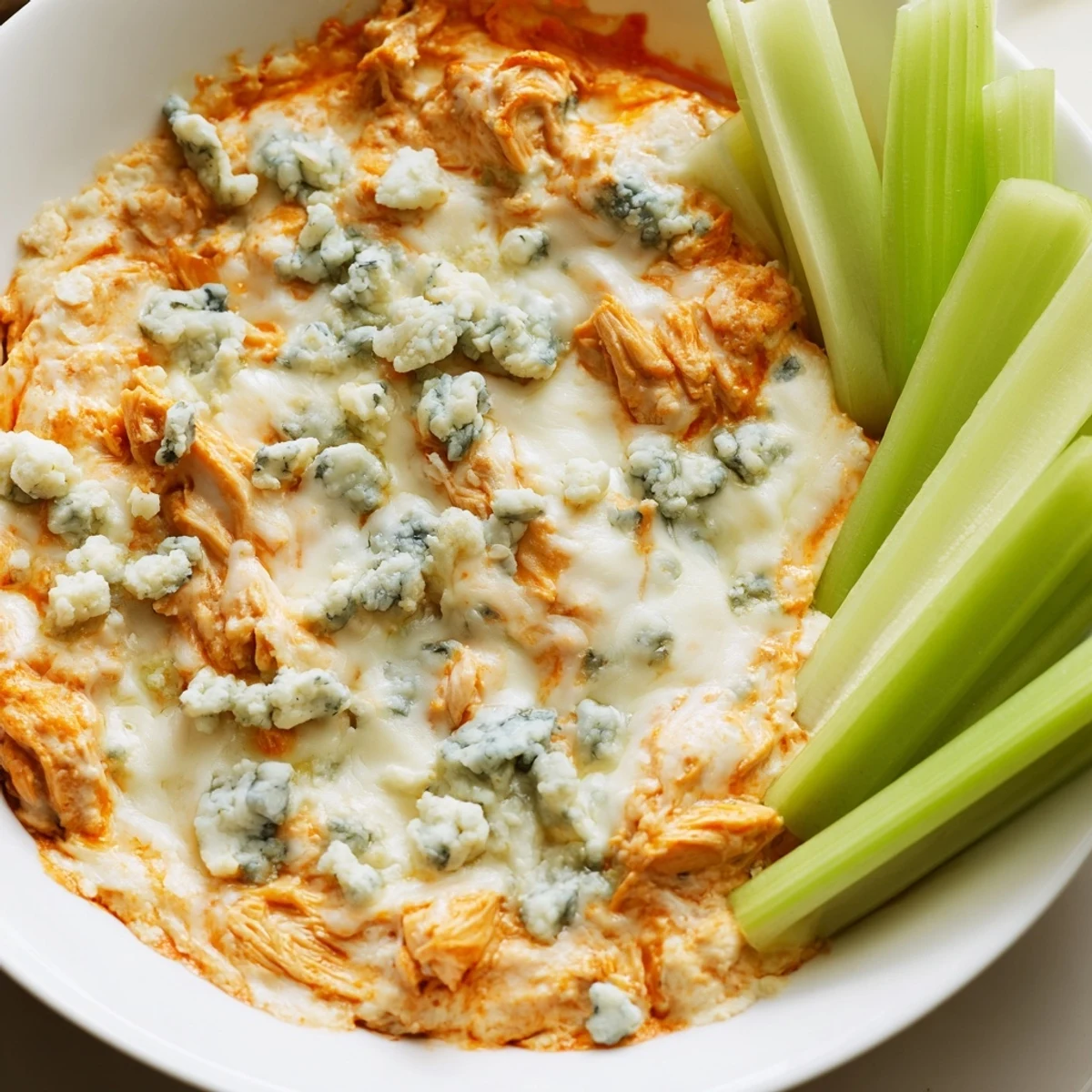 Game day Spicy Buffalo Chicken Dip served with crisp celery sticks and a blue cheese drizzle, ready for dipping.