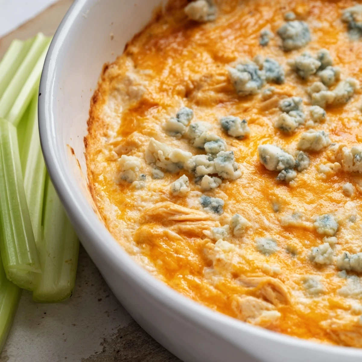 Creamy, orange-hued Spicy Buffalo Chicken Dip baked in a cast iron pan, garnished with blue cheese crumbles and crisp celery sticks.