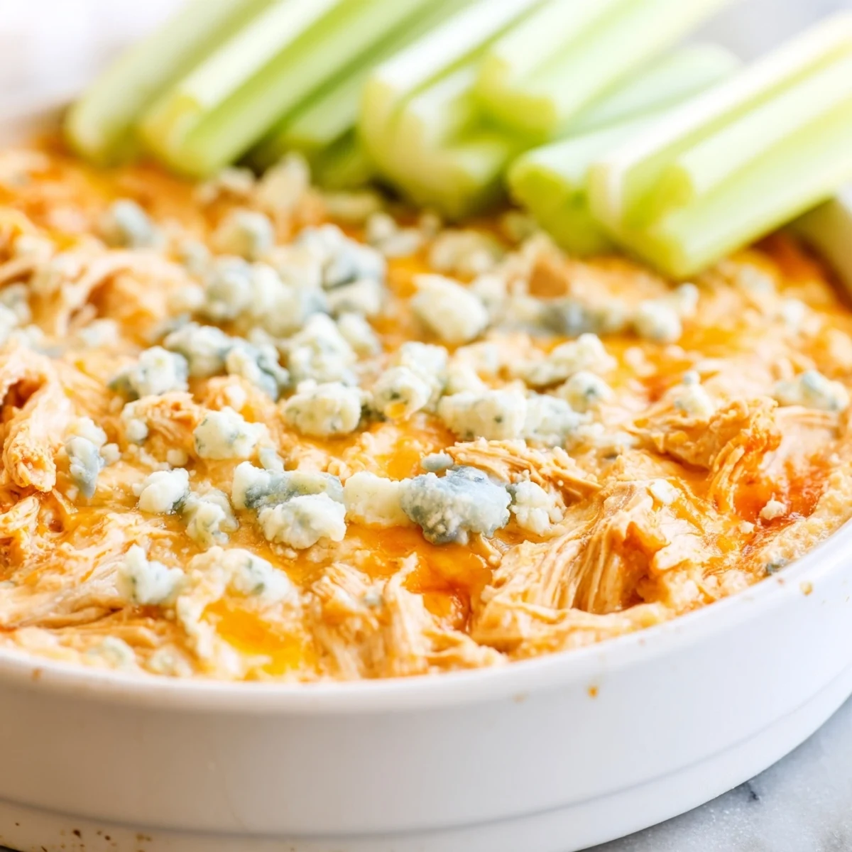 Golden, bubbly Spicy Buffalo Chicken Dip in a skillet, topped with melted cheddar, served with fresh celery sticks for dipping.
