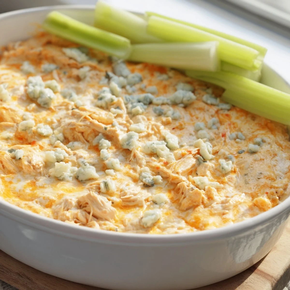 Warm Spicy Buffalo Chicken Dip with a golden crust, featuring shredded chicken and cheese, paired with crunchy celery sticks for dipping.