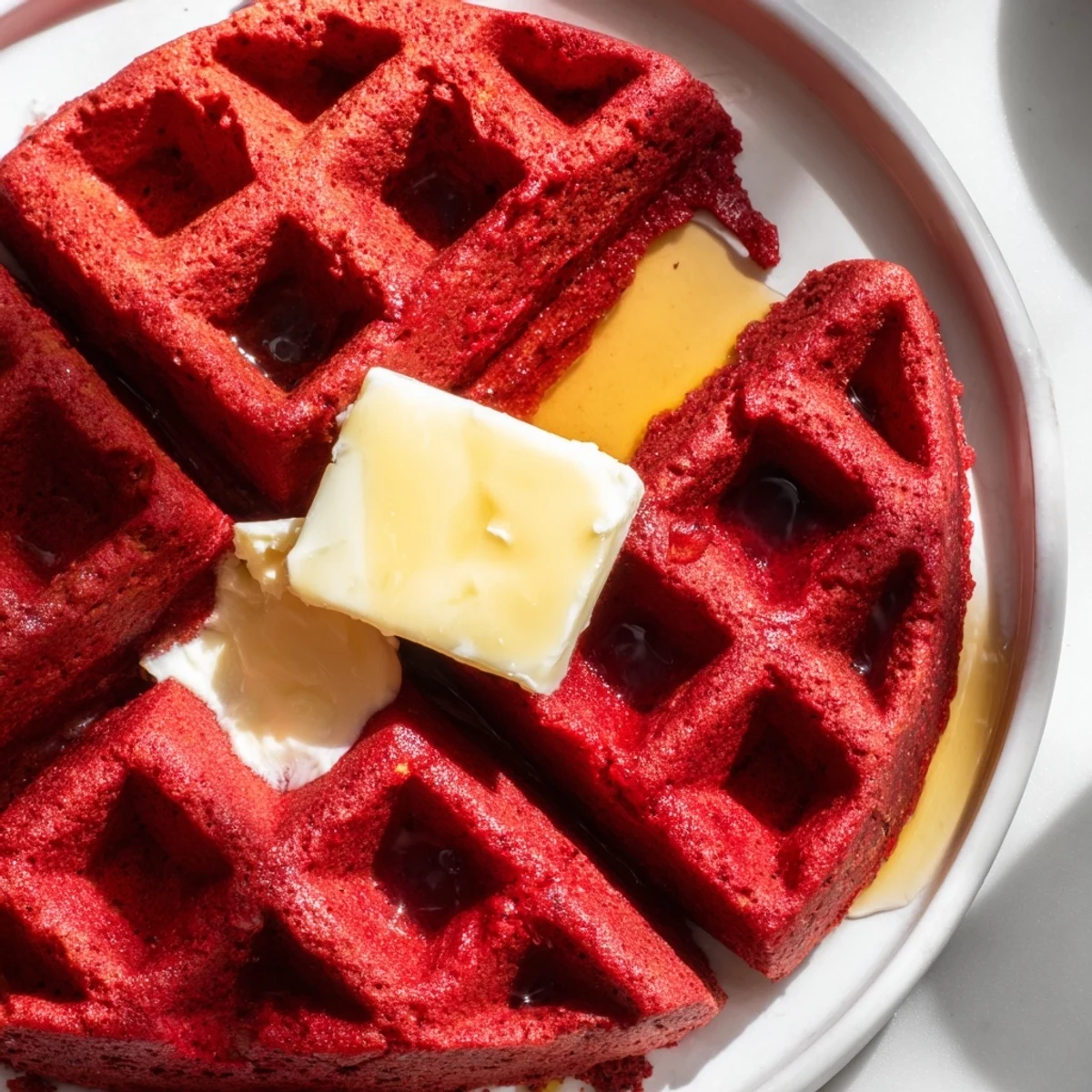 Golden-brown Red Velvet Waffles with a pat of melting butter and warm maple syrup ready to serve.