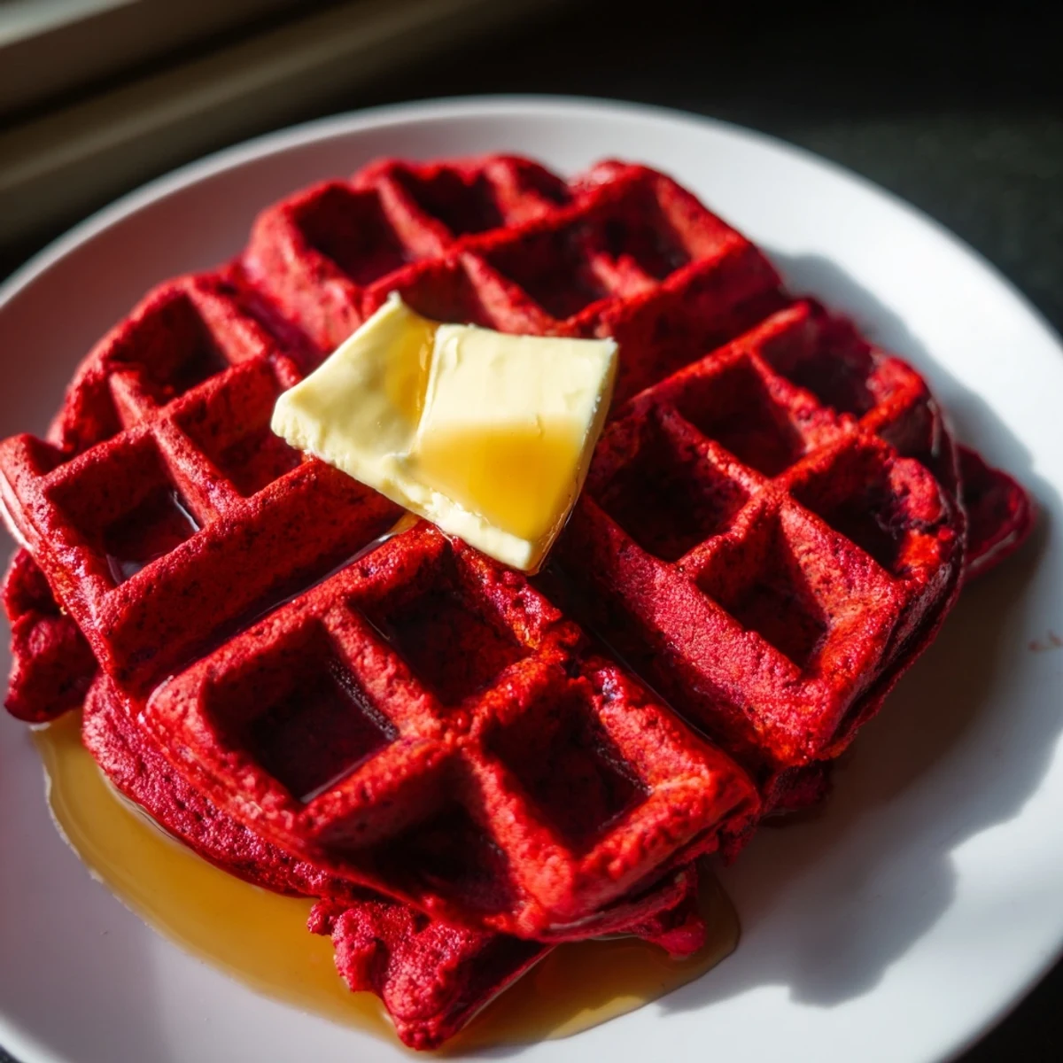 Stack of fluffy Red Velvet Waffles with a hint of cocoa, served hot for a decadent brunch.