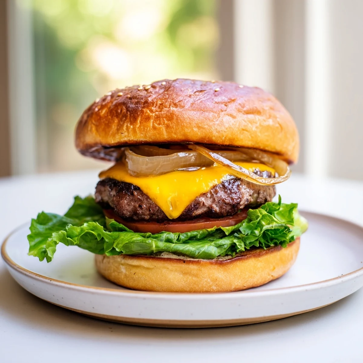 Golden Classic Beef Burgers with caramelized onions on a toasted bun, topped with fresh lettuce, tomato, and pickles.