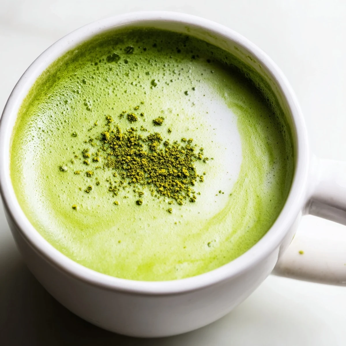 Green Matcha Latte with Oat Milk and Honey in a white mug, topped with a light dusting of matcha powder.