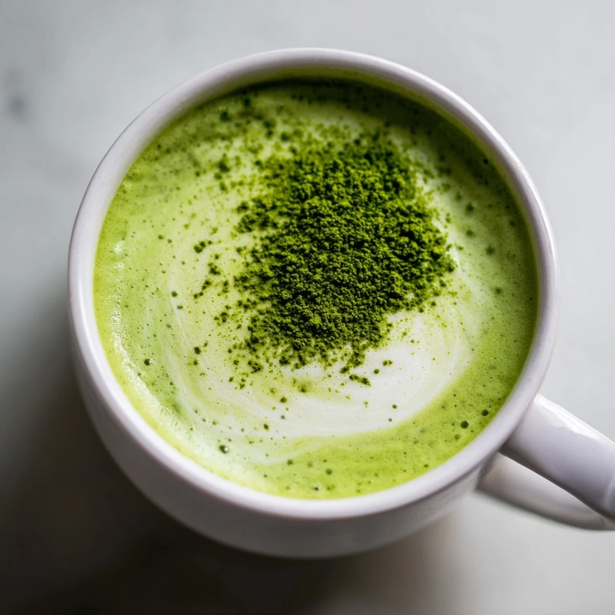 Creamy Green Matcha Latte with Oat Milk and Honey poured into a glass mug, showcasing its vibrant green swirl.