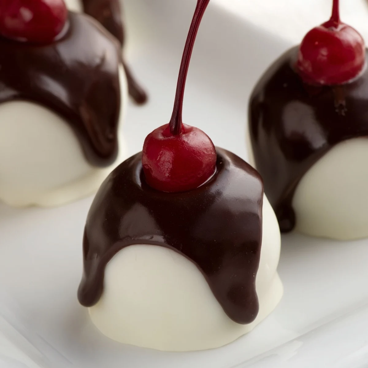 Bright red maraschino cherries wrapped in creamy fondant and dipped in melted chocolate, glistening on a tray.