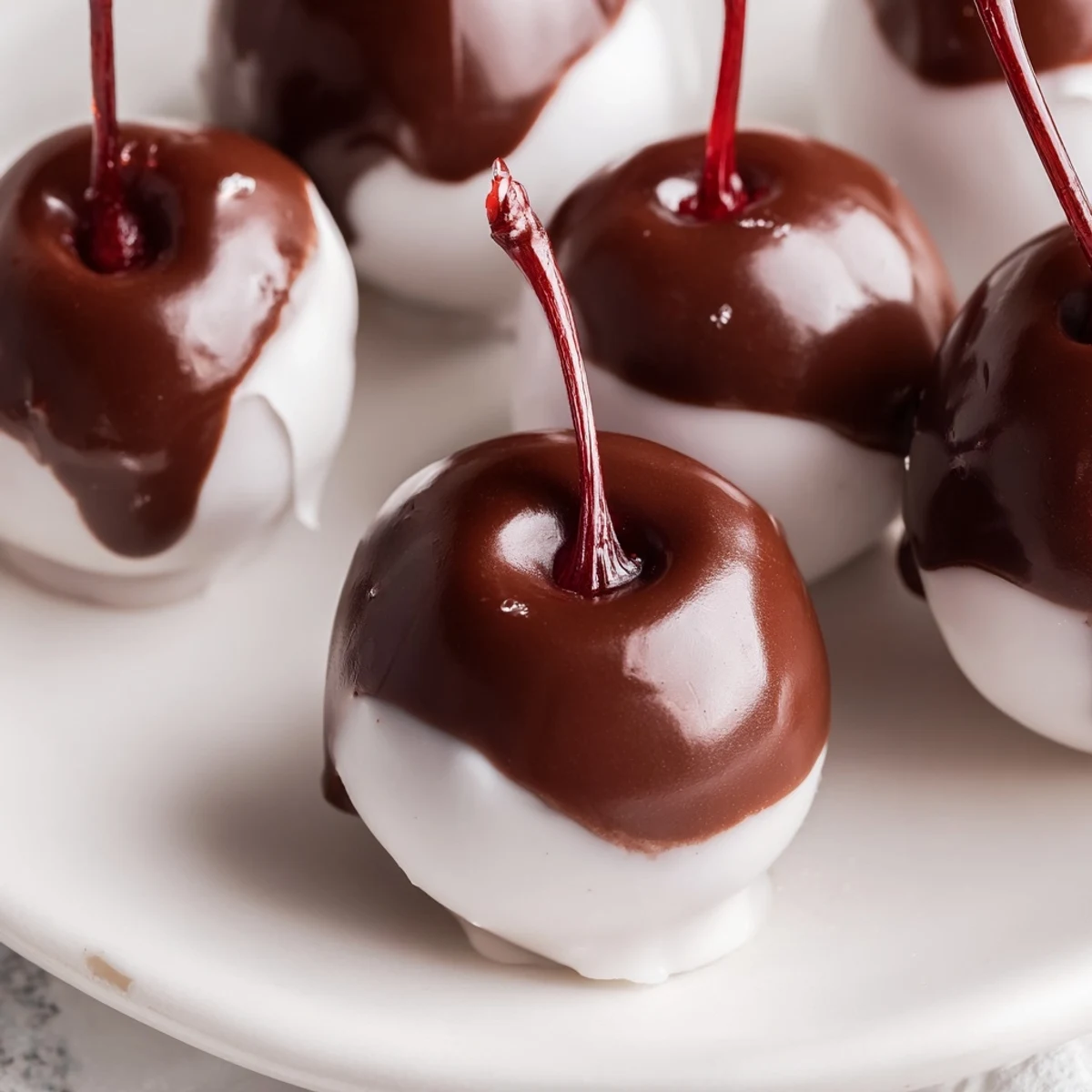 A close-up of chocolate covered cherries with fondant center placed on parchment paper for gifting.
