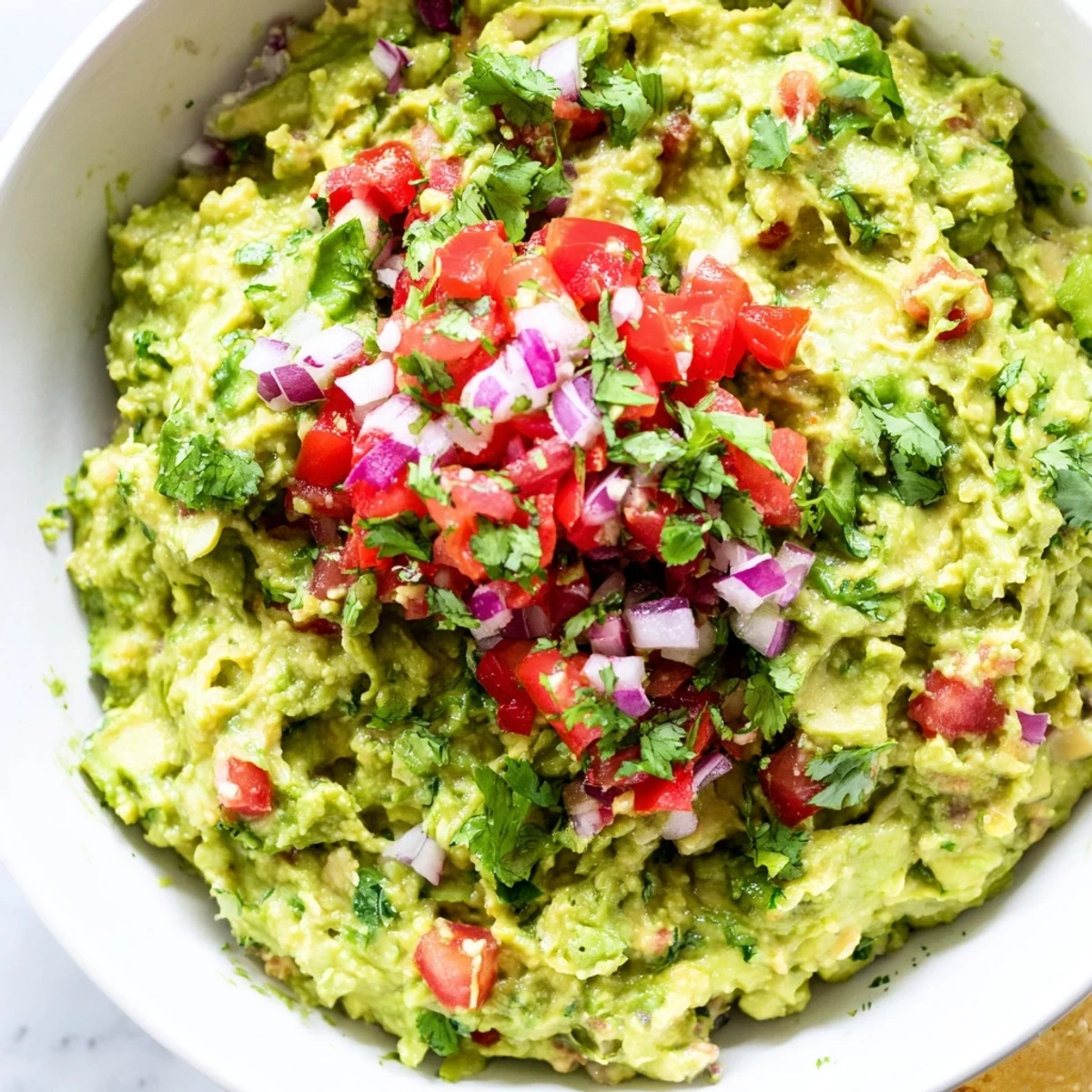 Creamy guacamole with fresh pico de gallo and lime is topped with cilantro and served with crispy tortilla chips for dipping.