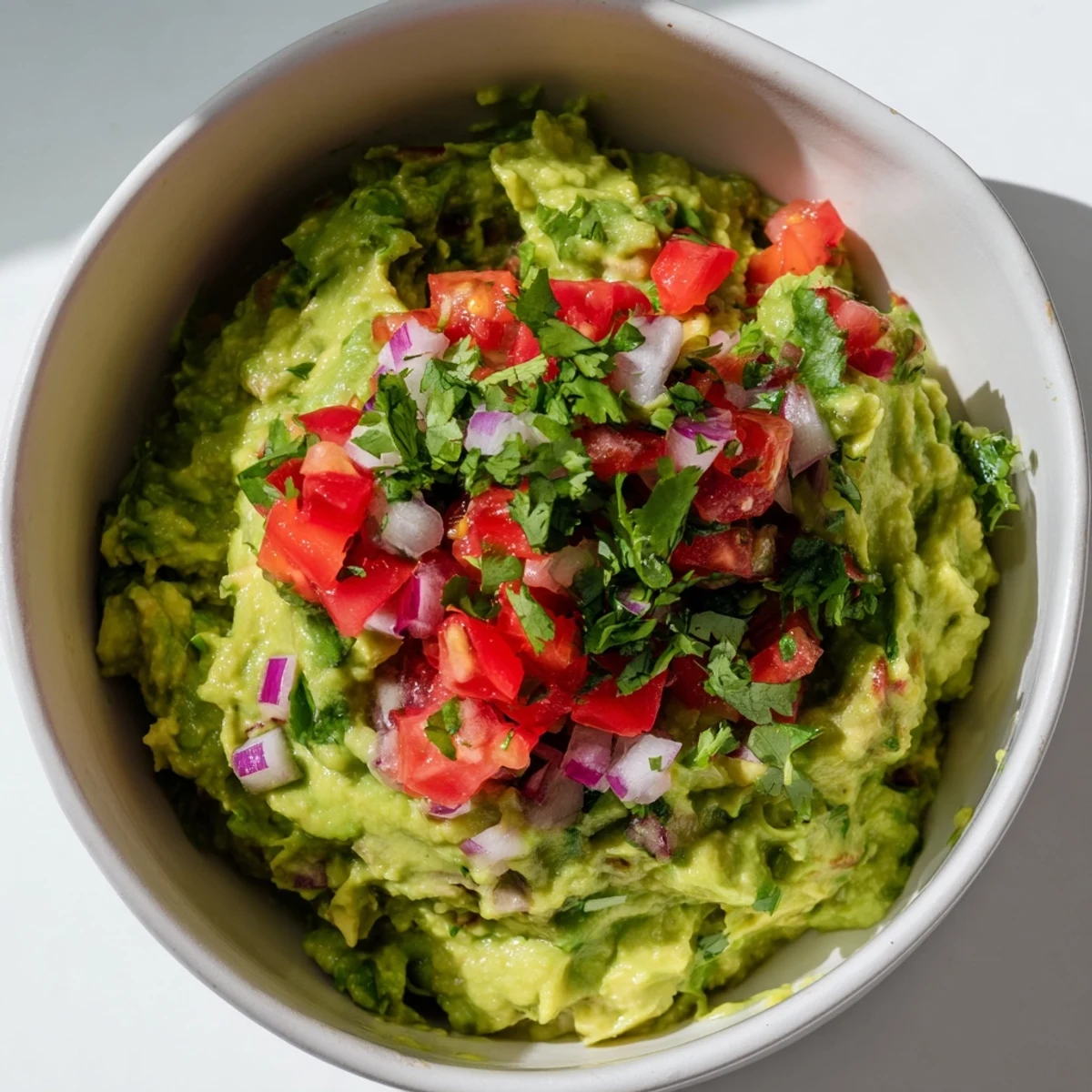 Close-up of guacamole with fresh pico de gallo and lime, featuring chunky avocado and juicy tomato, ready for a snack platter.