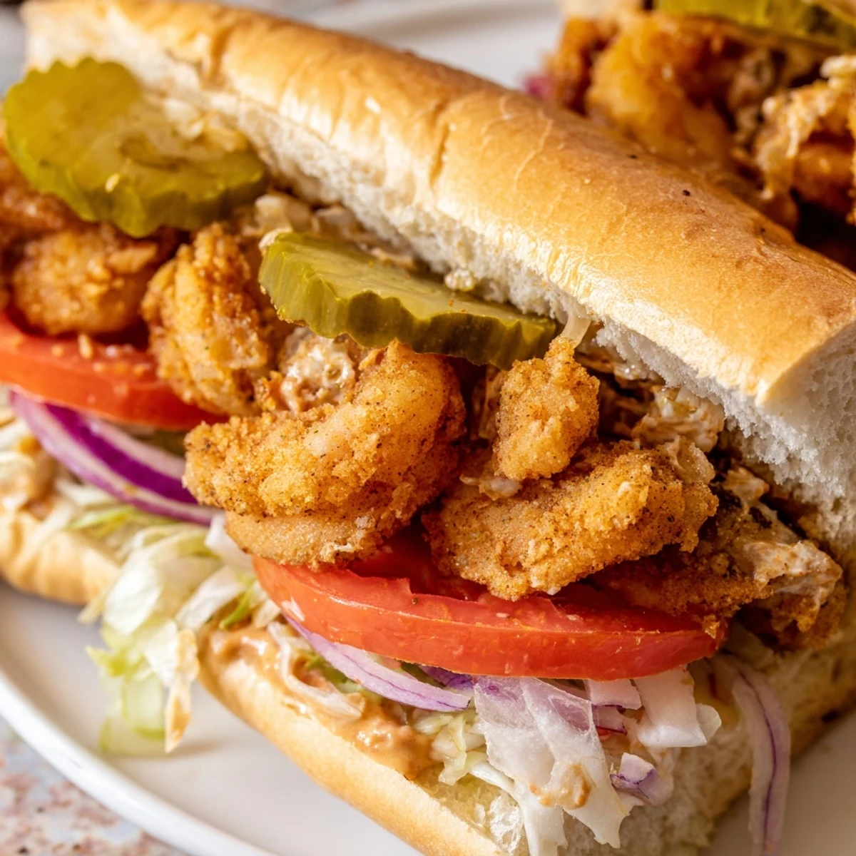Freshly fried shrimp po boy layered with creamy remoulade and crisp vegetables, served on a soft French roll.