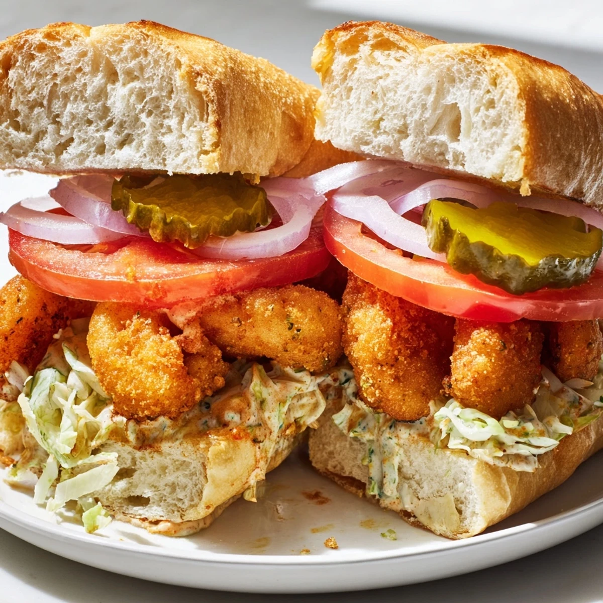 Classic Louisiana Southern Shrimp Po Boy Sandwich stacked high with crunchy fried shrimp and tangy remoulade sauce.