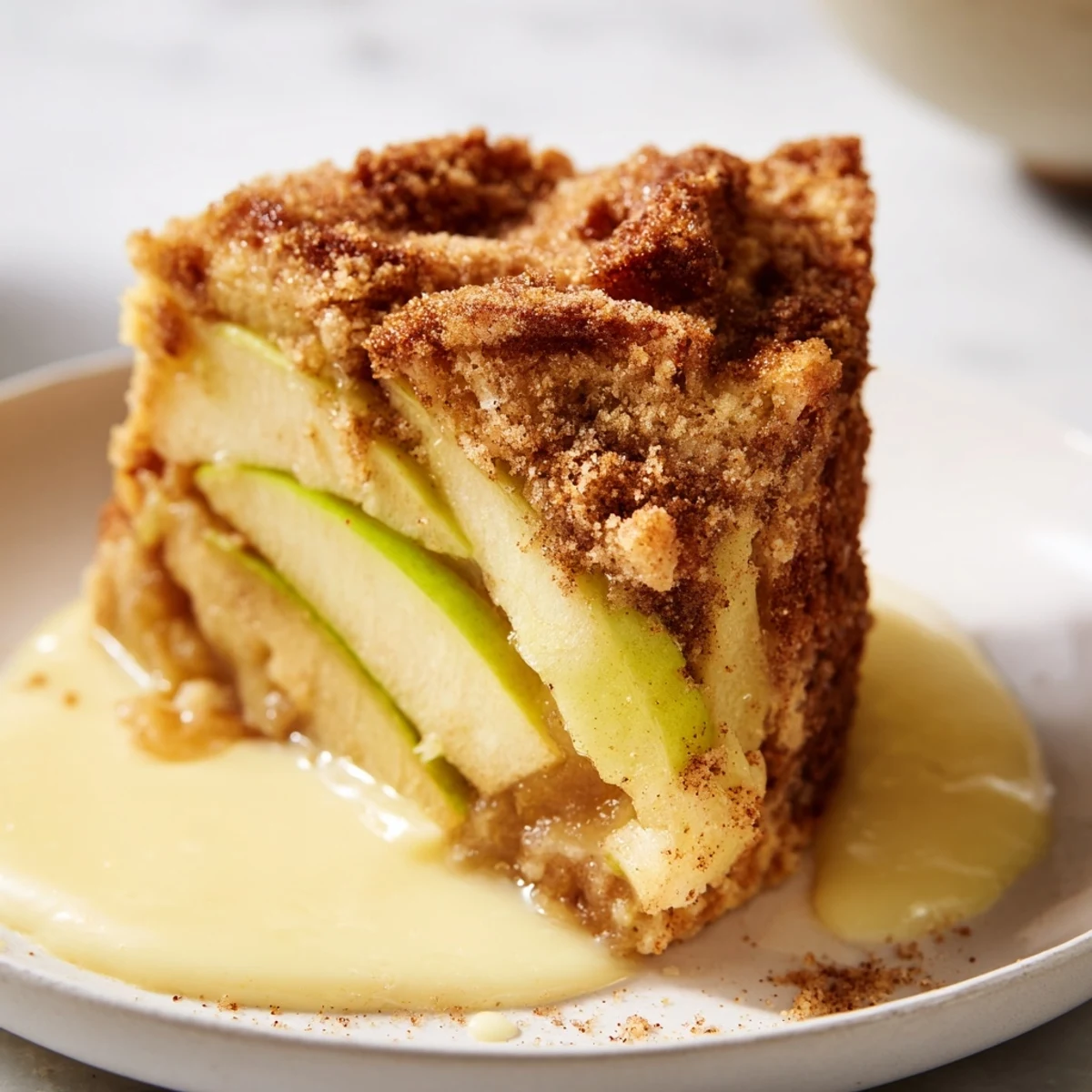 Irish Apple Cake with Warm Vanilla Custard sits on a rustic plate, with a slice cut to reveal tender apple layers and golden crumb topping.  