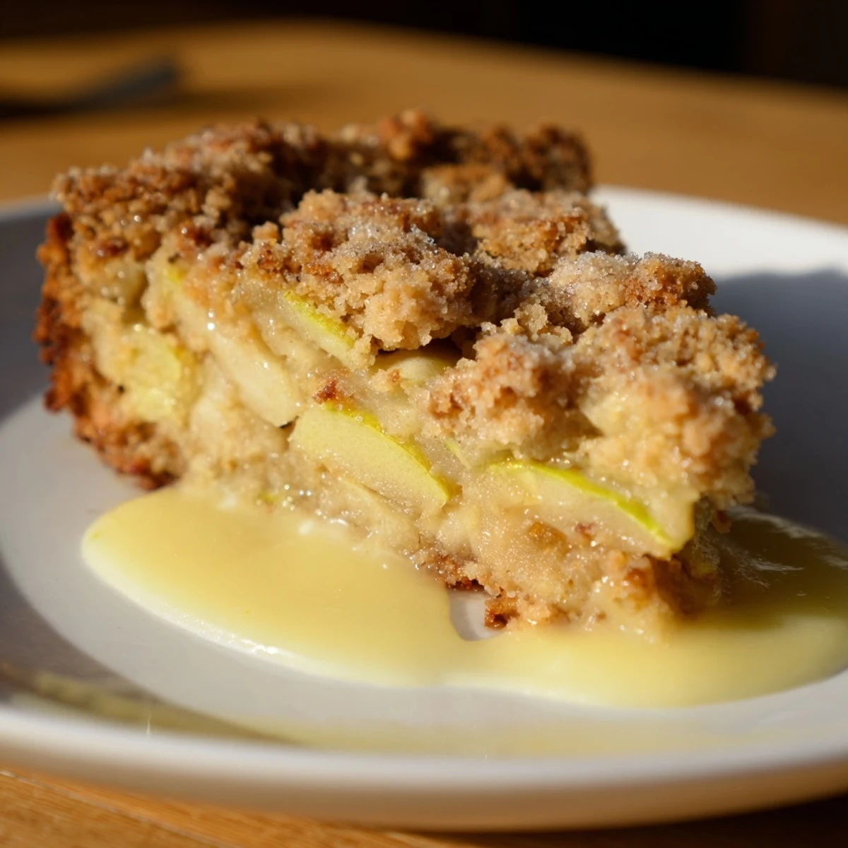A slice of Irish Apple Cake with Warm Vanilla Custard is drizzled with creamy custard, highlighting its moist texture and cinnamon aroma.  