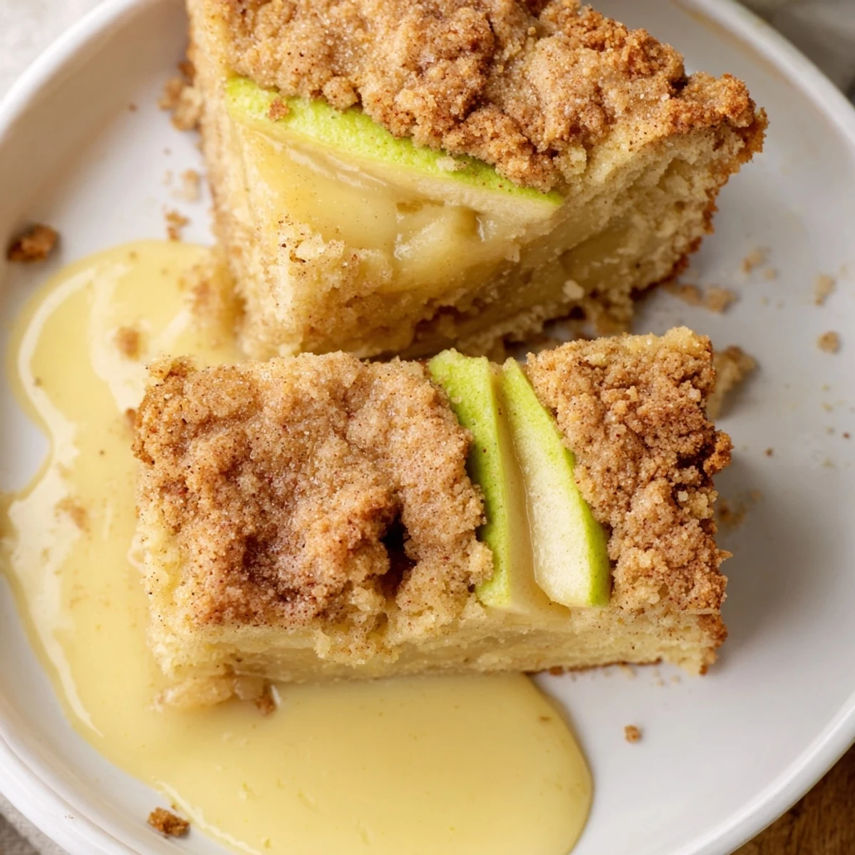 Serving Irish Apple Cake with Warm Vanilla Custard alongside a steaming teacup for a cozy afternoon tea dessert experience.