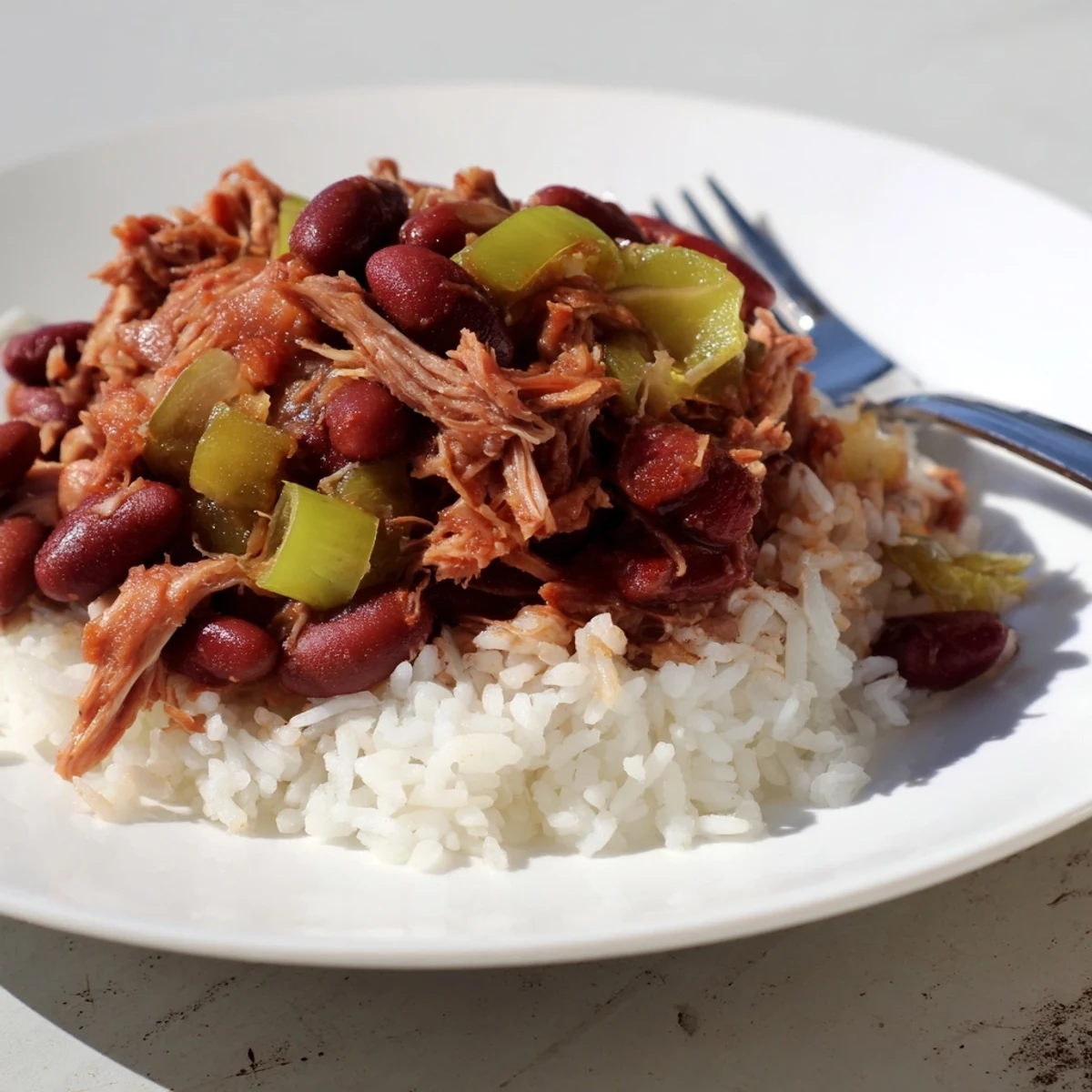 Homemade Creole Red Beans and Rice simmered with celery, onions, and smoked turkey, ready to serve with warm white rice.