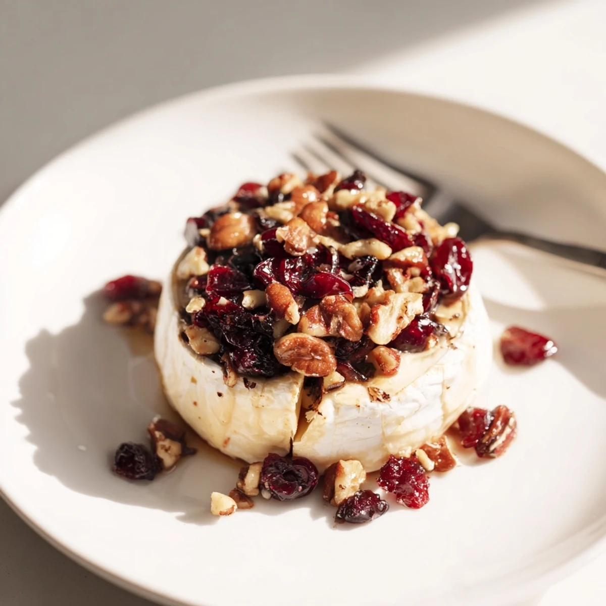 A warm wheel of Baked Brie with Cranberry and Pecan Topping is ready to serve with crunchy crackers.
