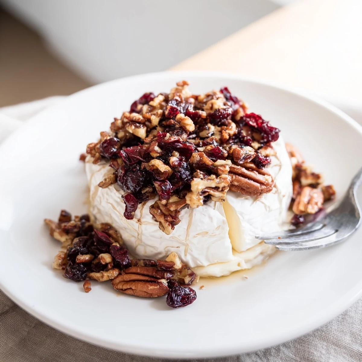 An easy appetizer, this Baked Brie with Cranberry and Pecan Topping oozes sweet and savory toppings.