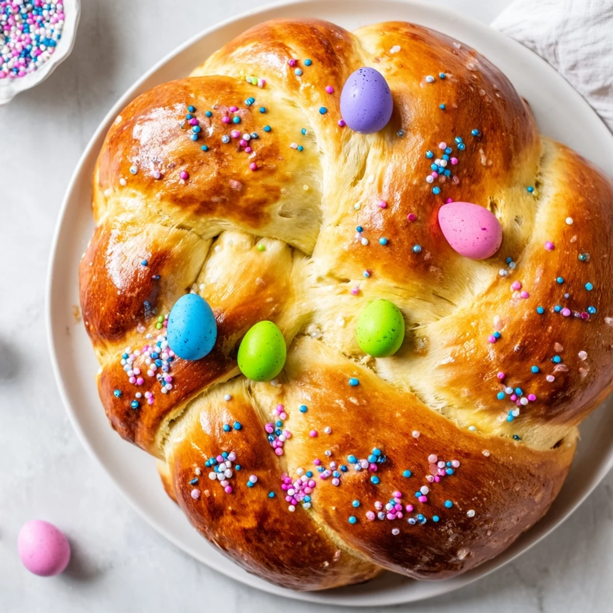 Freshly baked Easter Bread with Colored Eggs, showcasing golden crust and decorative dyed eggs on a spring table.  