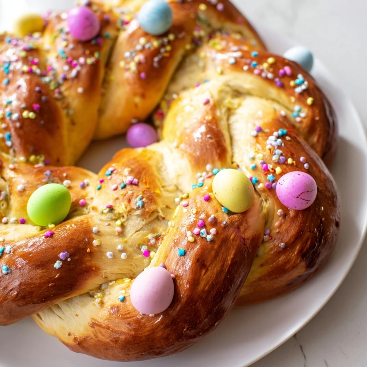 Golden-brown Easter Bread with Colored Eggs, freshly baked with a tender crumb and vibrant spring hues.  