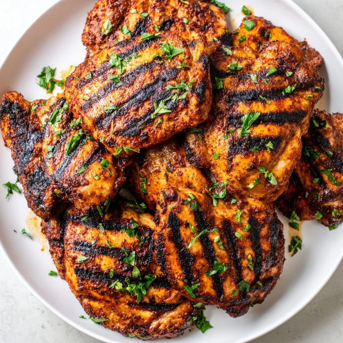 Juicy Cajun Spiced Grilled Chicken Thighs marinated in spices, garnished with chopped parsley on a rustic wooden board.