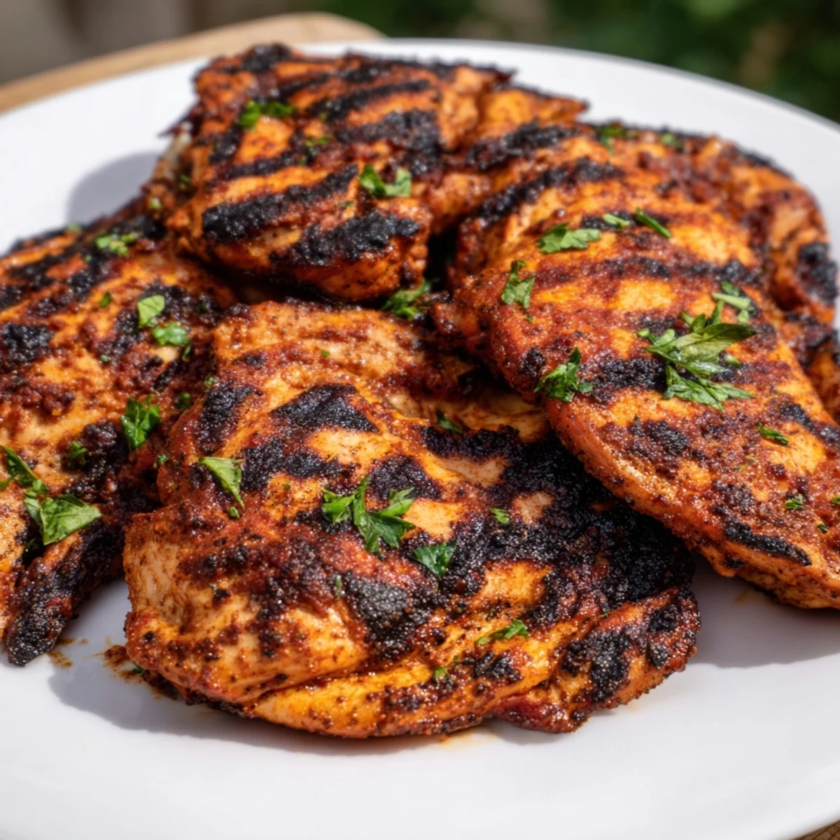 Smoky Cajun Spiced Grilled Chicken Thighs charred on the grill, served hot with a side of creamy coleslaw.  