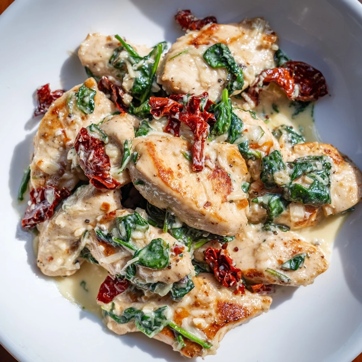 Golden brown chicken served with creamy garlic sauce, spinach, and sundried tomatoes on a plate.