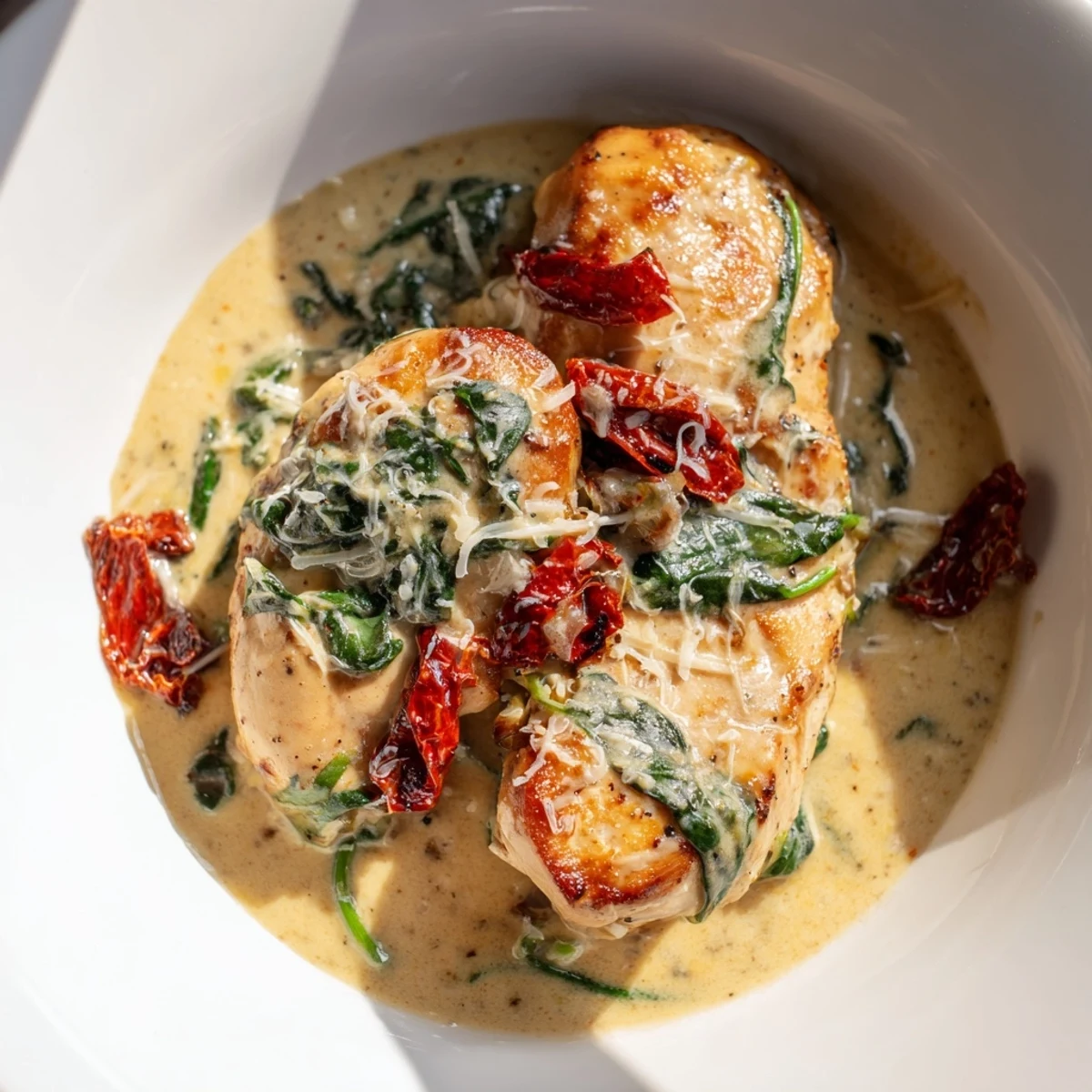 Pan-seared chicken breasts bathed in creamy garlic sauce with wilted spinach and sundried tomatoes.