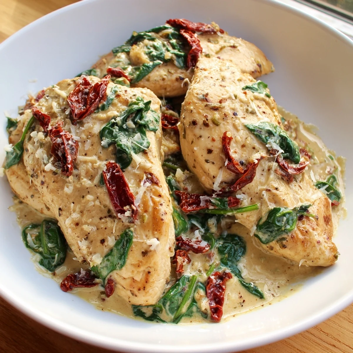 Tender chicken in a rich, creamy garlic spinach sauce with tangy sundried tomatoes for dinner.
