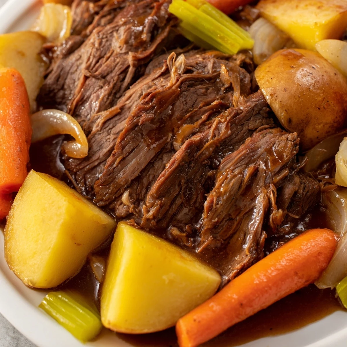 A cozy plate of Slow Cooker Beef Pot Roast with Root Vegetables served family style with herbs and a fork.