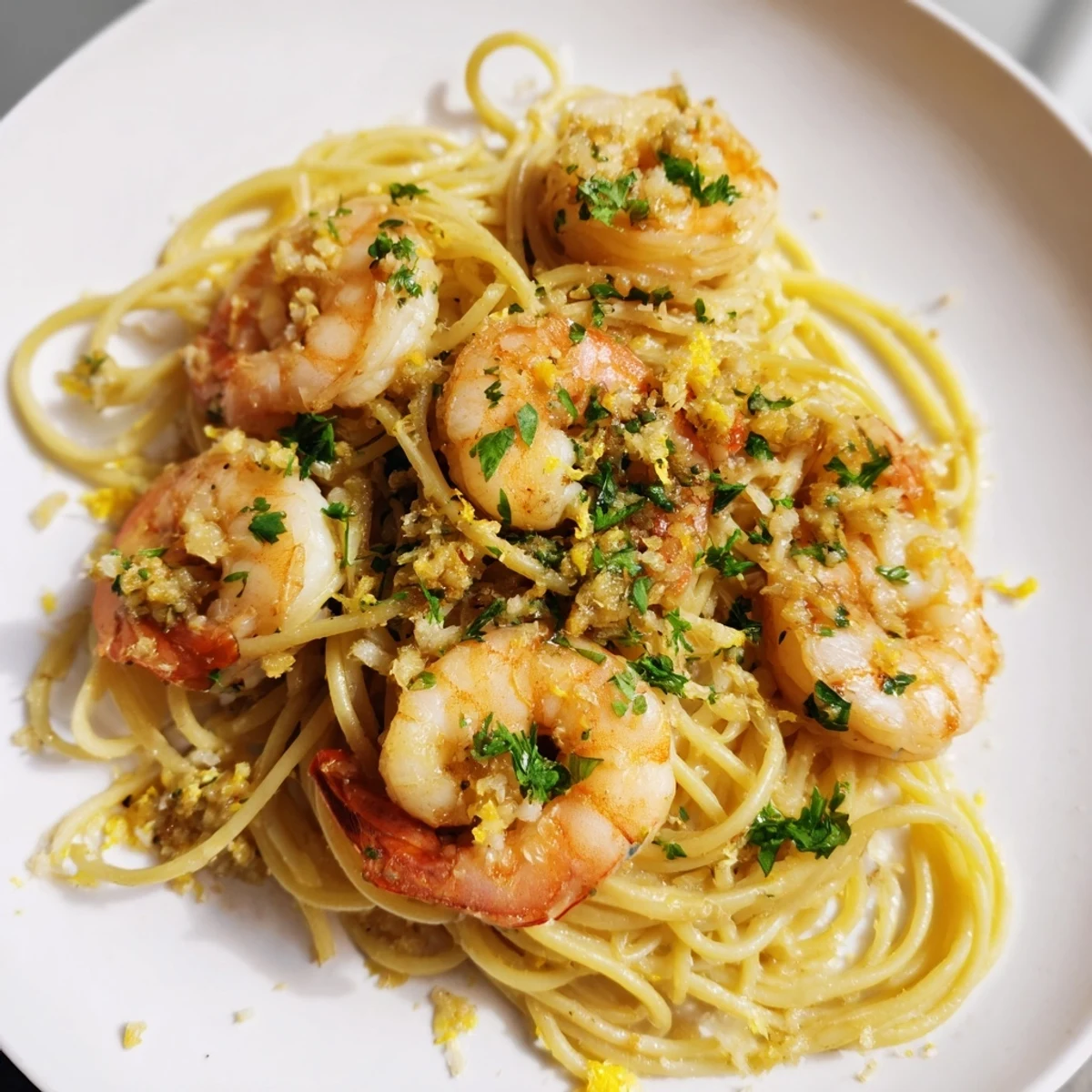 Golden-brown shrimp glistening in lemon garlic butter sauce twirled with al dente spaghetti on a white plate.