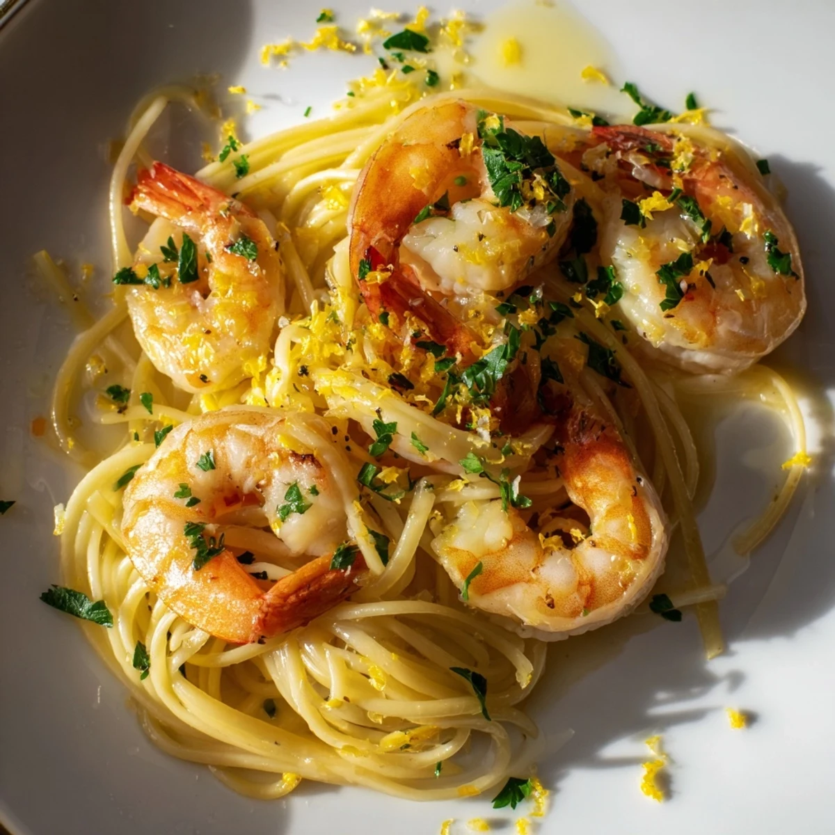 Close-up of vibrant Lemon Garlic Butter Shrimp with pasta, garnished with fresh parsley and lemon wedges.