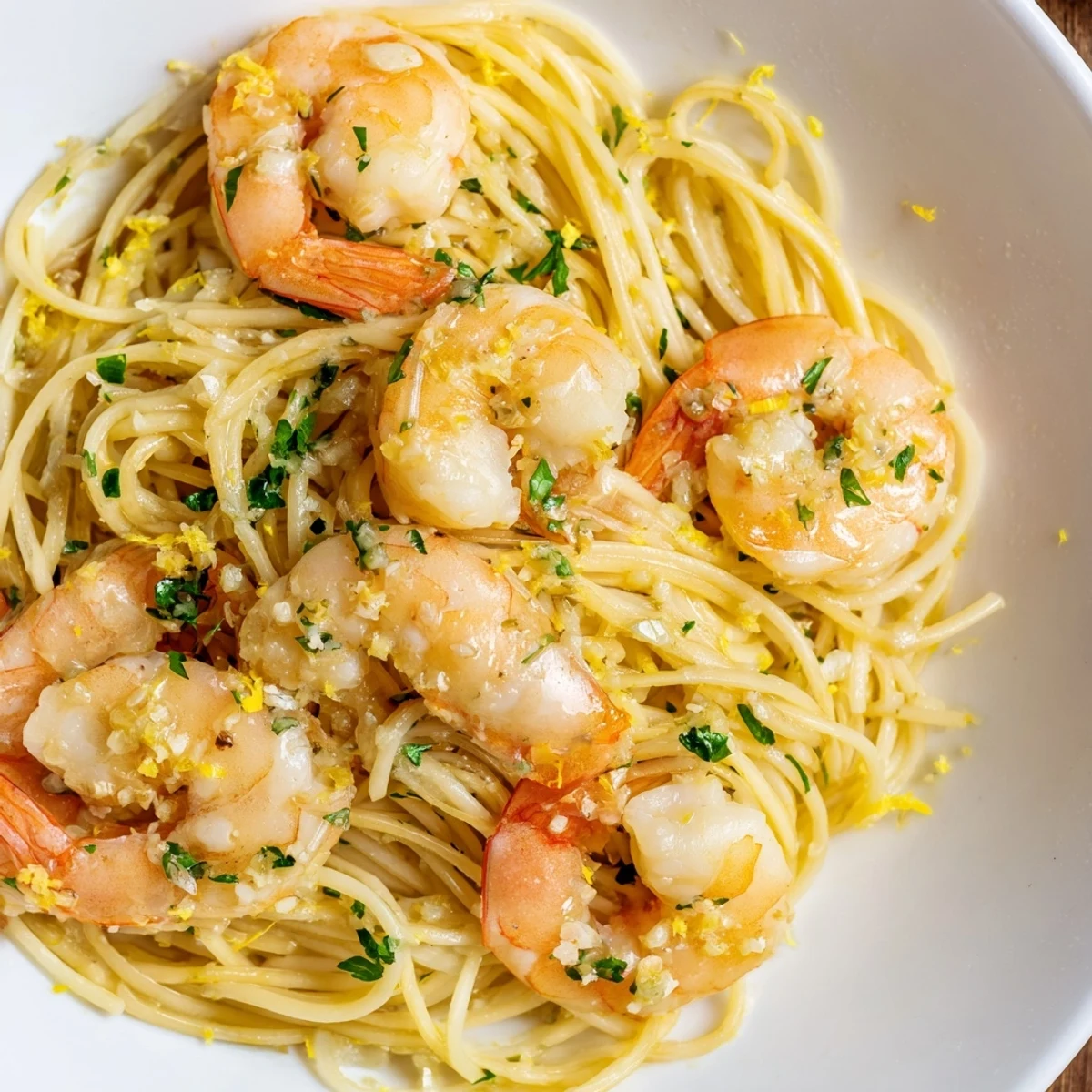 Succulent shrimp and linguine tossed in zesty lemon garlic butter, served steaming in a rustic ceramic bowl.