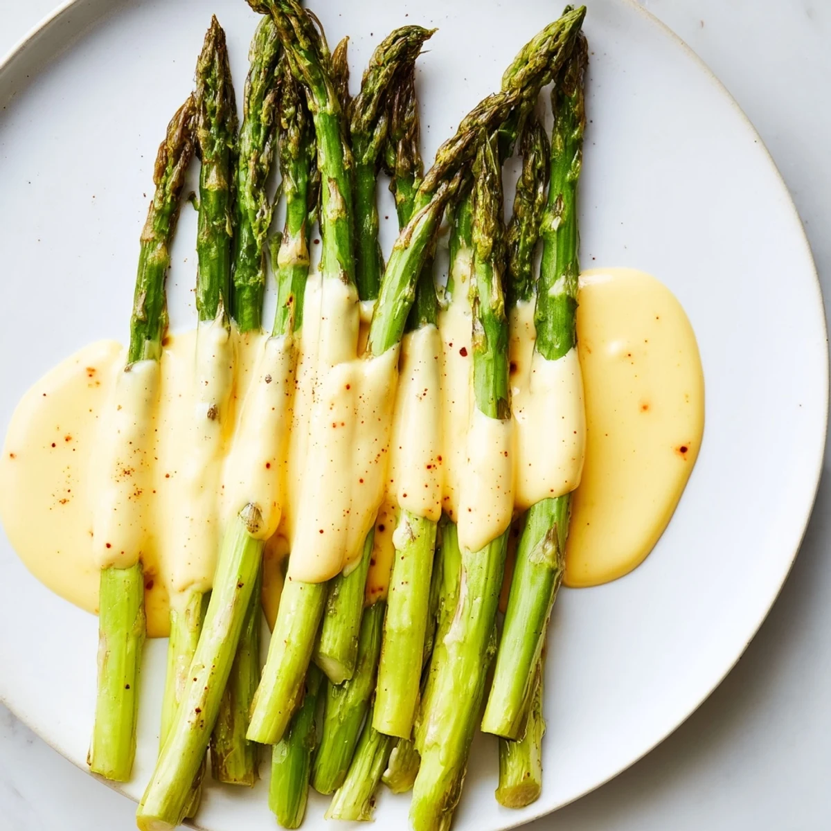 Tender roasted asparagus with Hollandaise sauce glistens on a white platter, garnished with fresh parsley and lemon zest for a bright side dish.