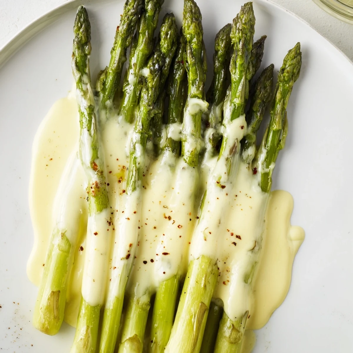 Roasted asparagus with Hollandaise sauce shows charred green spears drizzled with creamy sauce beside buttery dinner rolls for a spring gathering.