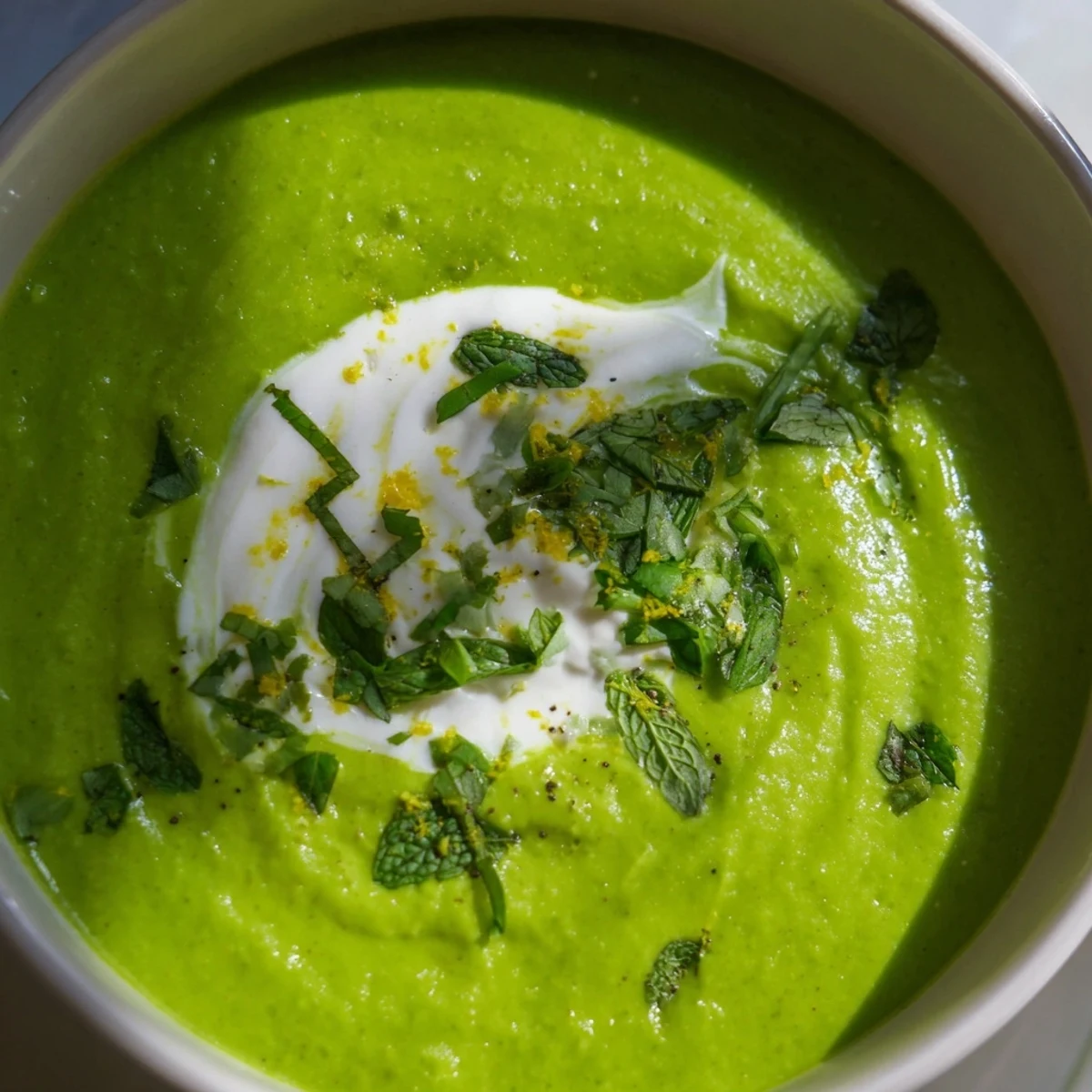 Spring Pea Soup with Mint and Crème Fraîche served hot in a rustic bowl with a dollop of creamy topping.