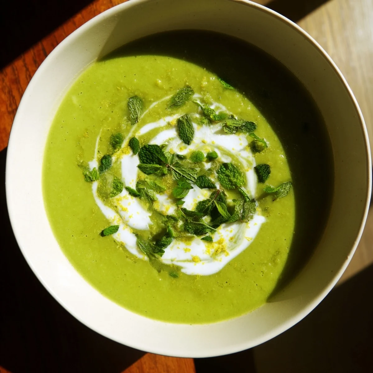 Close-up of Spring Pea Soup with Mint and Crème Fraîche showing its velvety green texture and a swirl of crème fraîche.