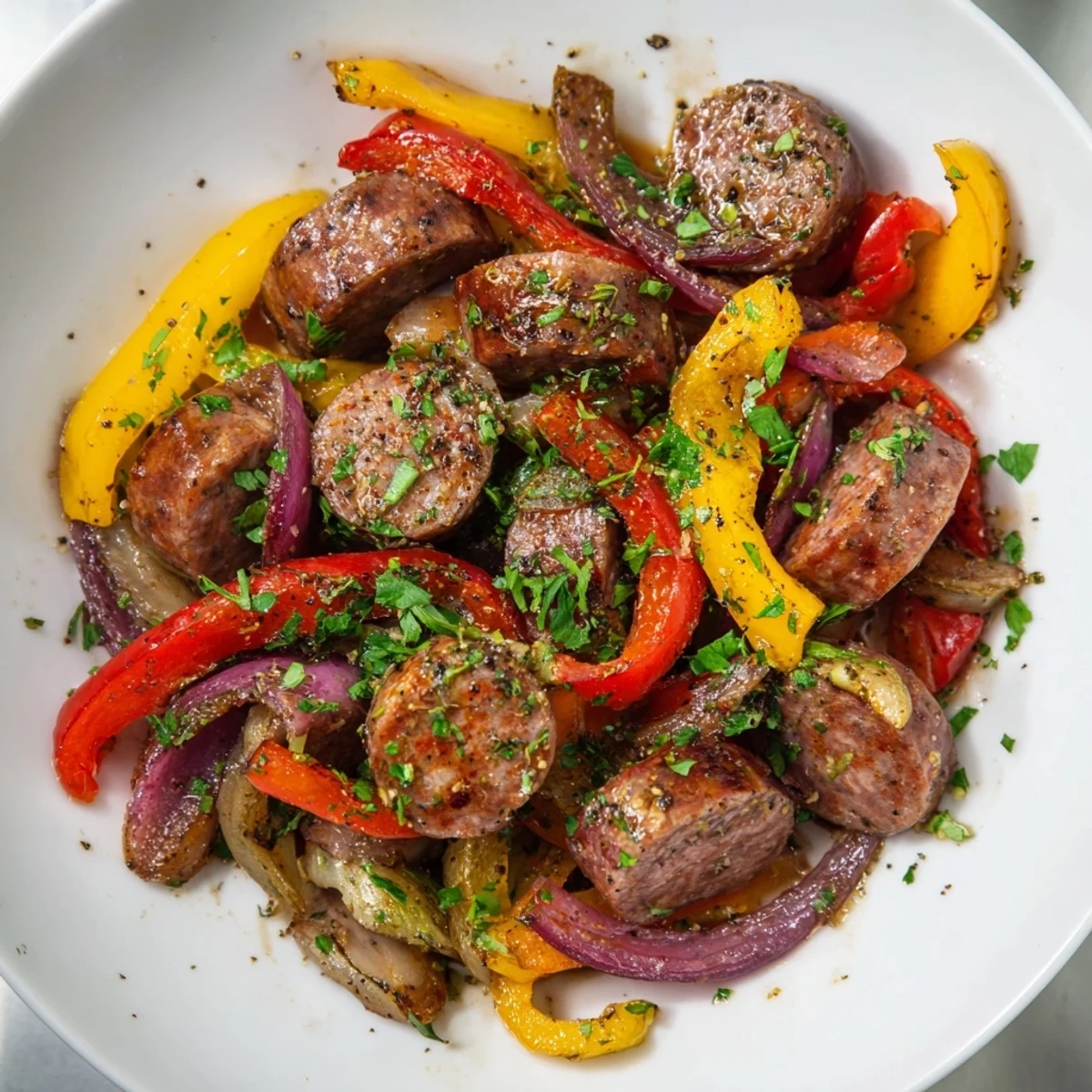 A close-up of Beef Sausage and Pepper Skillet with colorful peppers and onions sizzling in the pan.