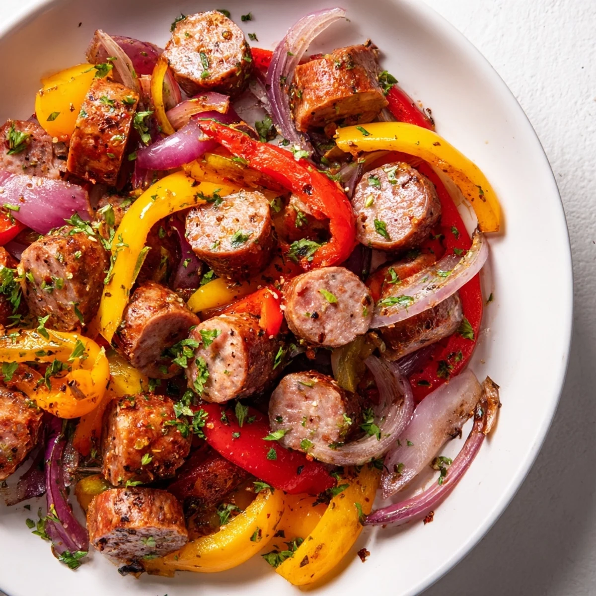 Sizzling skillet of Beef Sausage and Pepper Skillet with juicy sausages and caramelized veggies for a weeknight meal.