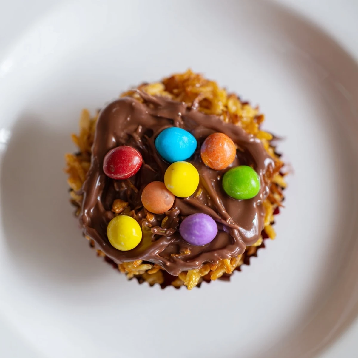 Chocolate Easter Egg Nests with crispy cornflakes coated in rich chocolate and topped with colorful candy eggs.