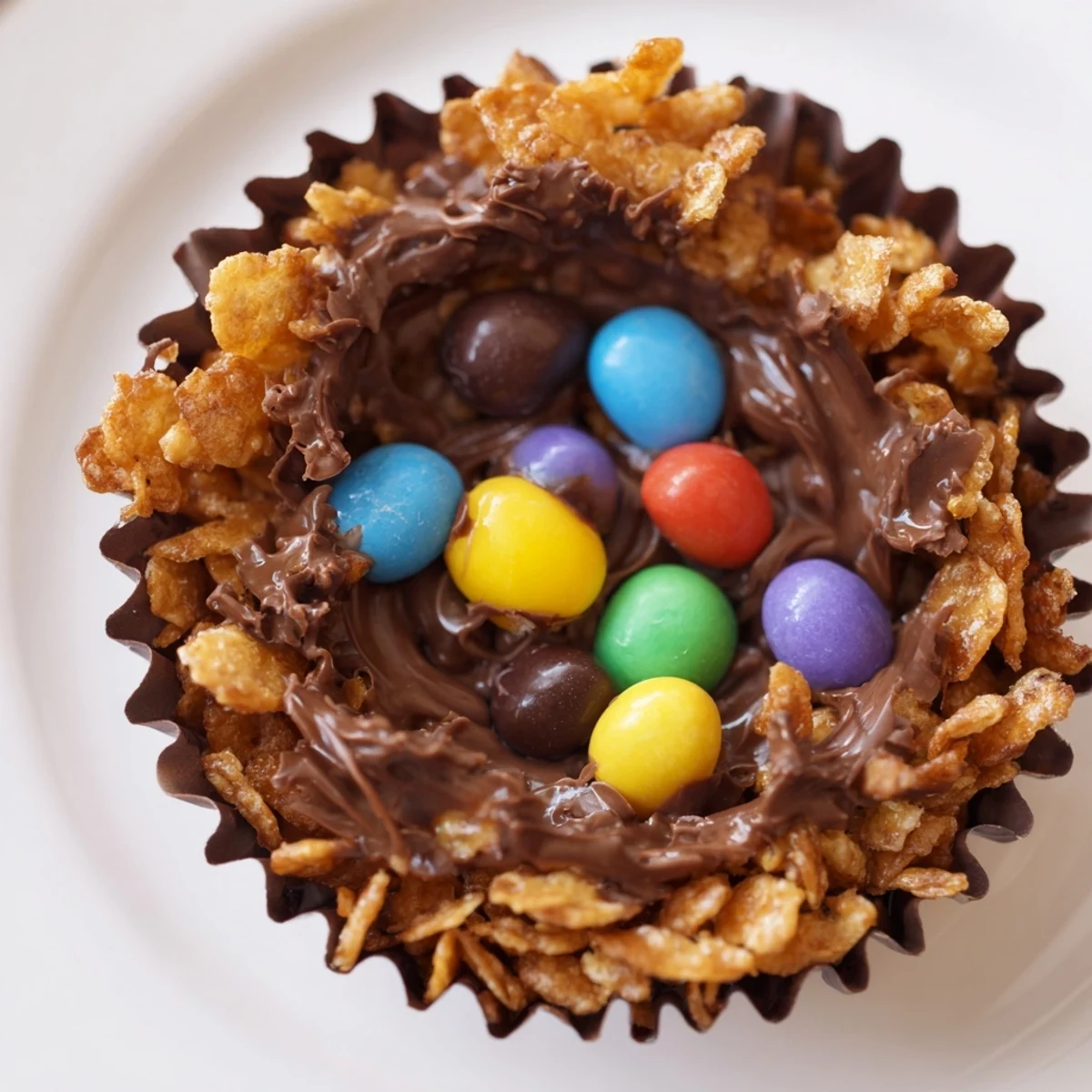 Chocolate Easter Egg Nests featuring melted chocolate binding crunchy cereal, garnished with pastel candy eggs on a platter.