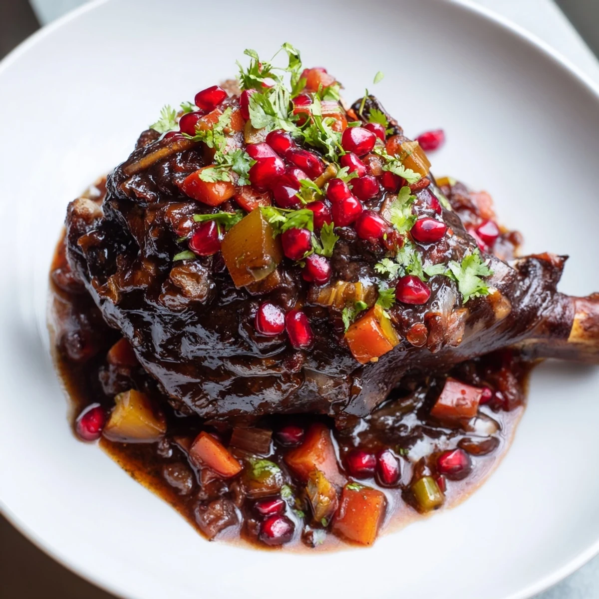 Four Braised Lamb Shanks with Pomegranate Molasses rest in a fragrant, spiced tomato sauce.