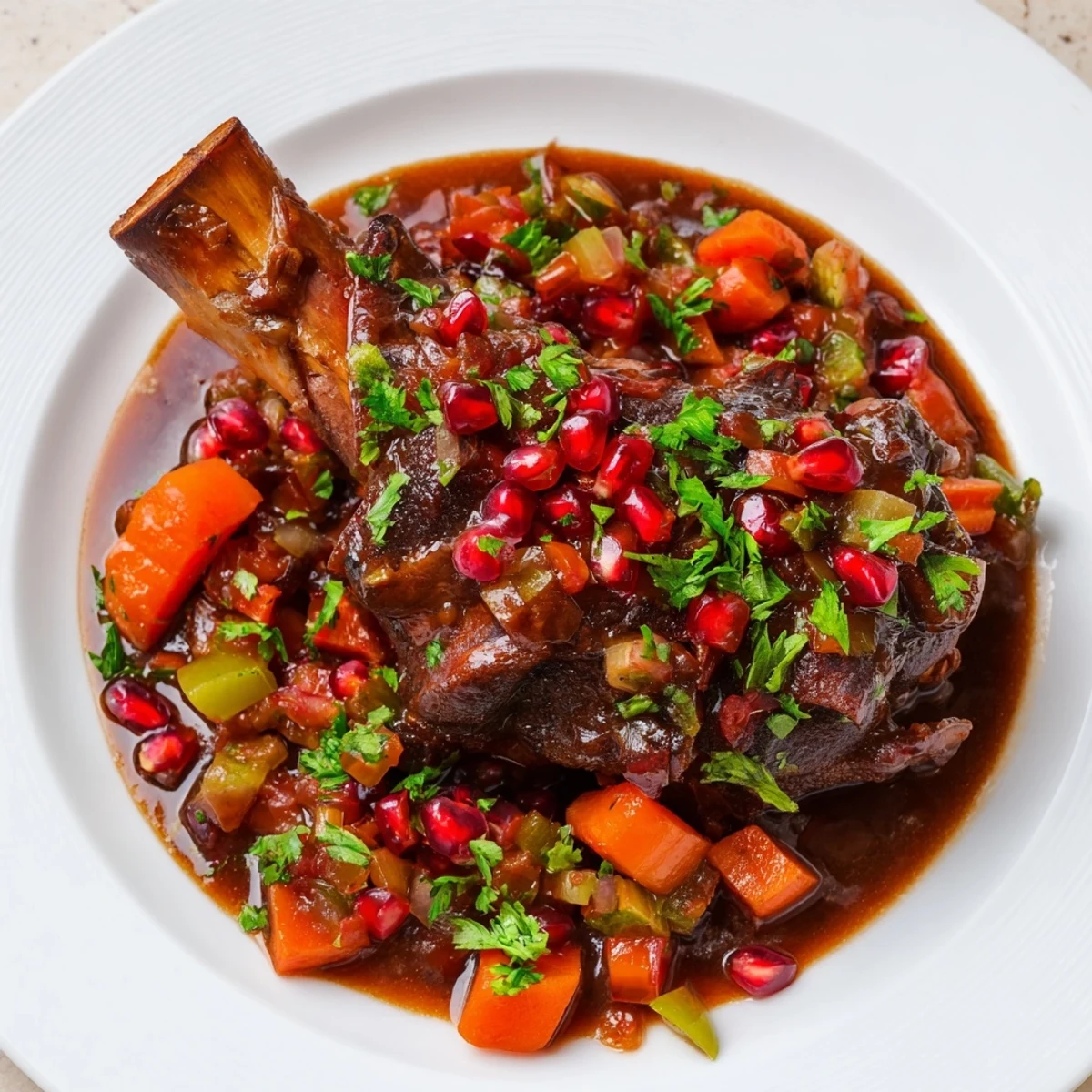 Braised Lamb Shanks with Pomegranate Molasses glisten with a sticky, ruby-red glaze on a rustic plate.