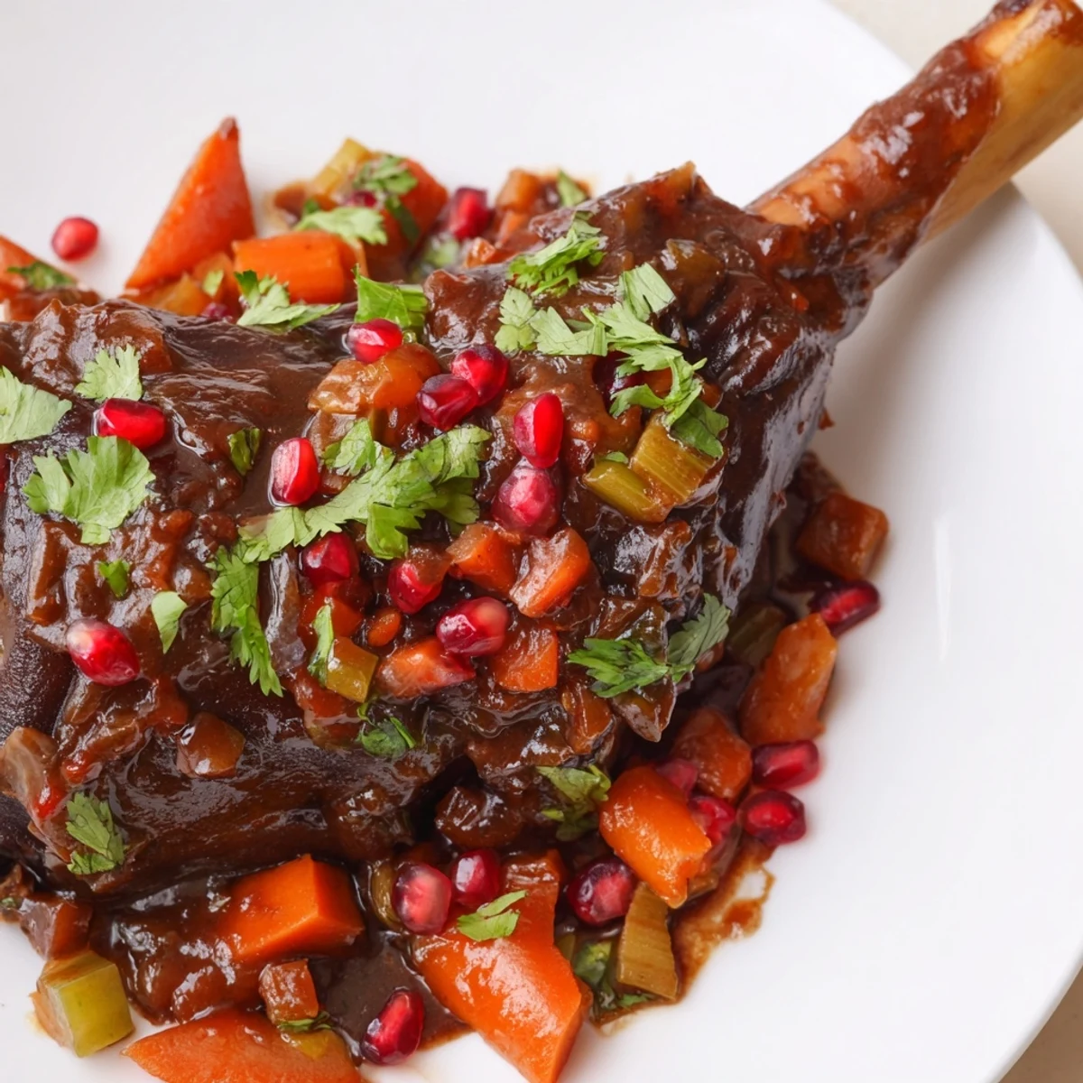 Juicy Braised Lamb Shanks with Pomegranate Molasses served with fresh cilantro and pomegranate seeds.