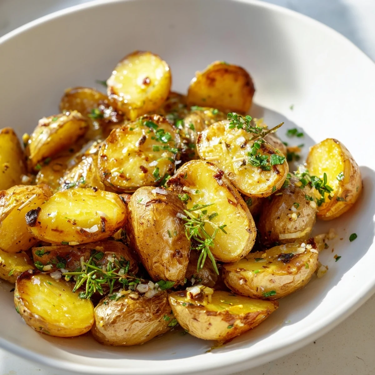 Golden brown Garlic Herb Roasted Fingerling Potatoes with Rosemary fresh out of the oven, steaming on a plate.