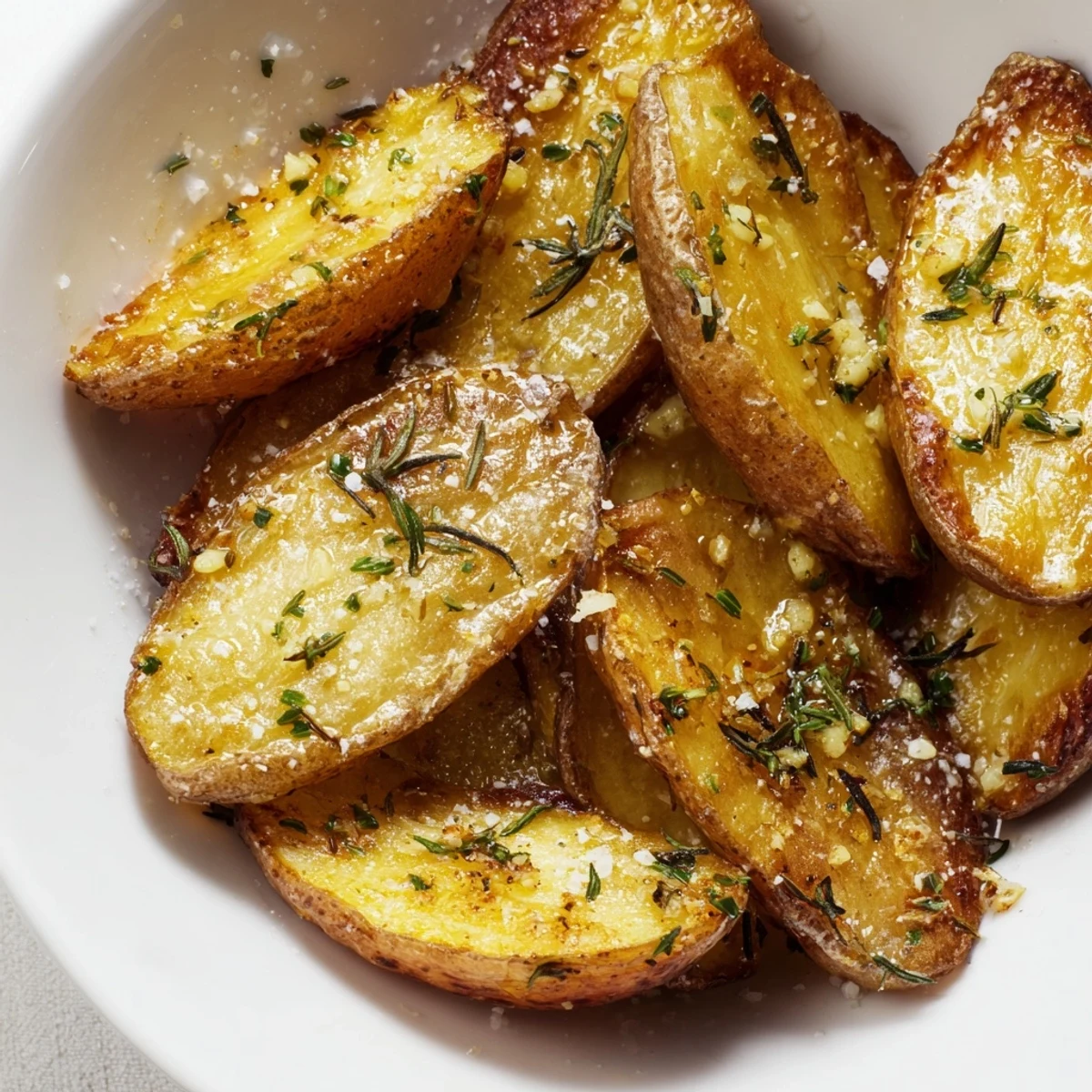 A close-up of crispy Garlic Herb Roasted Fingerling Potatoes with Rosemary, garnished with fresh chopped parsley.