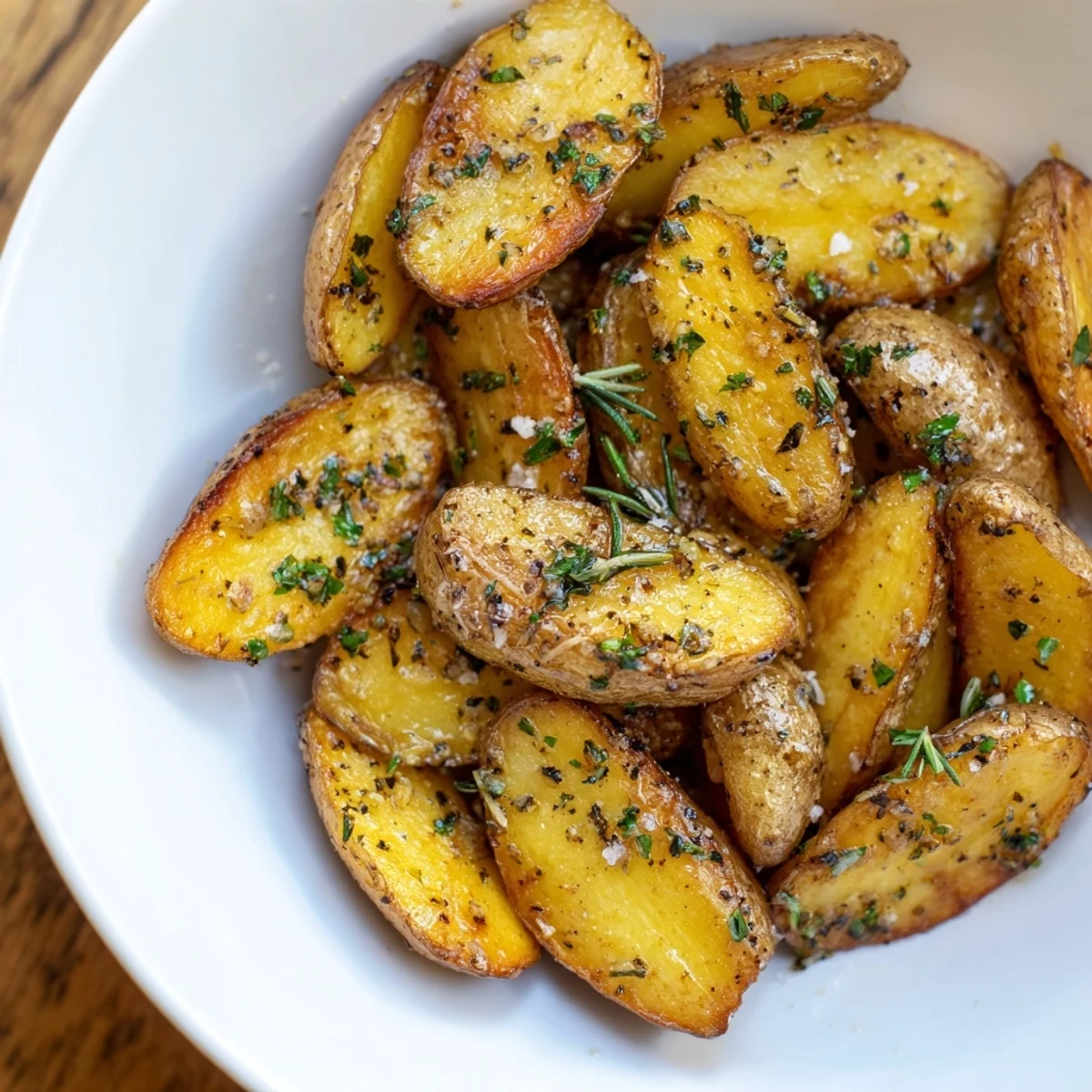Platter of Garlic Herb Roasted Fingerling Potatoes with Rosemary served alongside a juicy roast chicken for dinner.