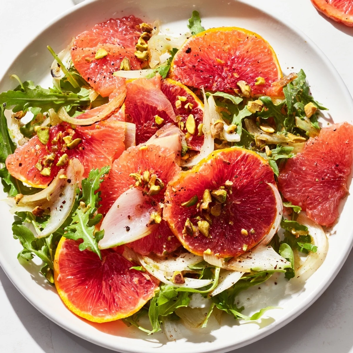 Bright Winter Citrus Salad with blood oranges, shaved fennel, and peppery greens garnished with toasted pistachios on a platter.